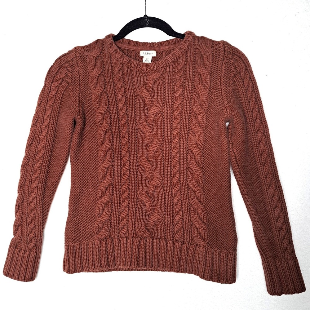 LL Bean Cable Knit Sweater Womens XS Petite Terracotta Cotton Crewneck Pullover - Picture 3 of 15